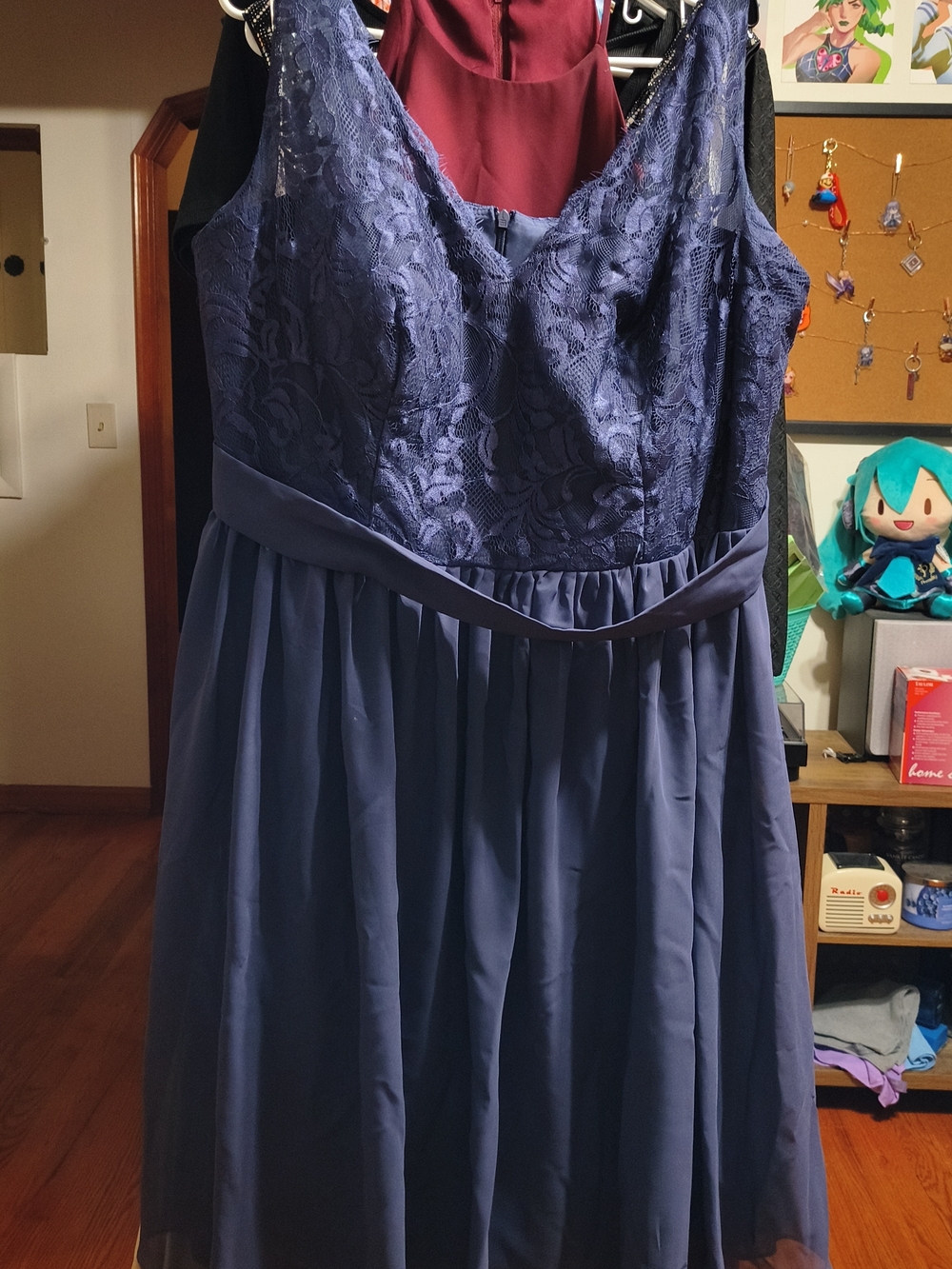 Stacees Lace Bodice Chiffon A-Line Dress in Deep Blue
